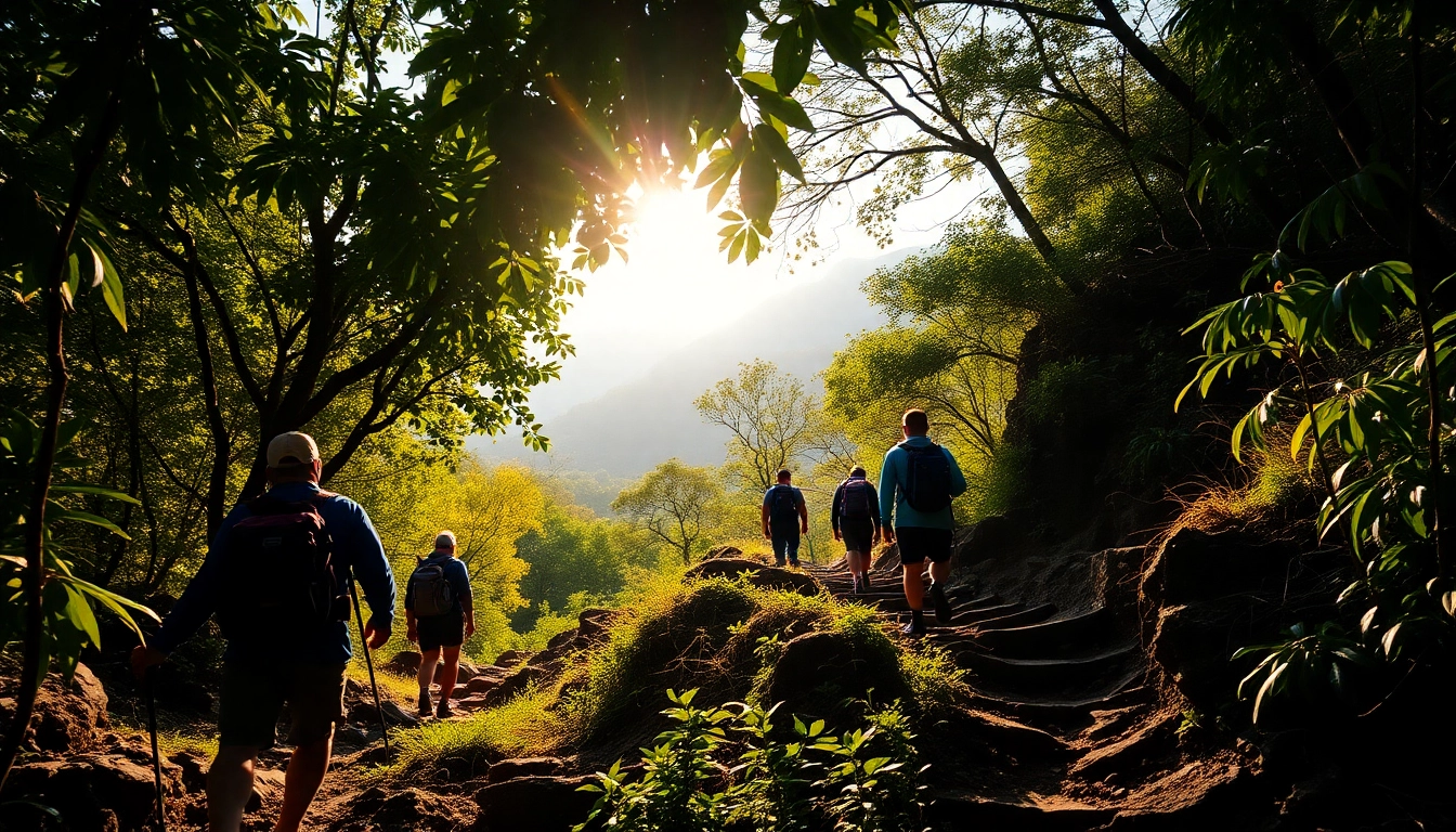 Trekking adventure in Indonesia: hikers navigating rugged trails amidst tropical scenery, emphasizing physical activity and natural landscapes.