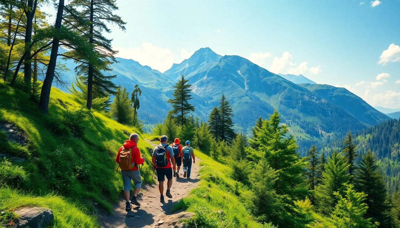 Guided trek through lush mountain landscape with expert guide leading hikers on a scenic trail in natural surroundings.