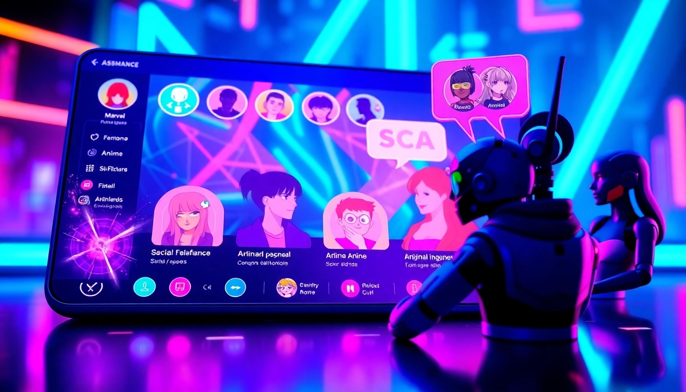 Digital illustration of a vibrant social media interface with avatars and AI characters engaging in lively interactions.
