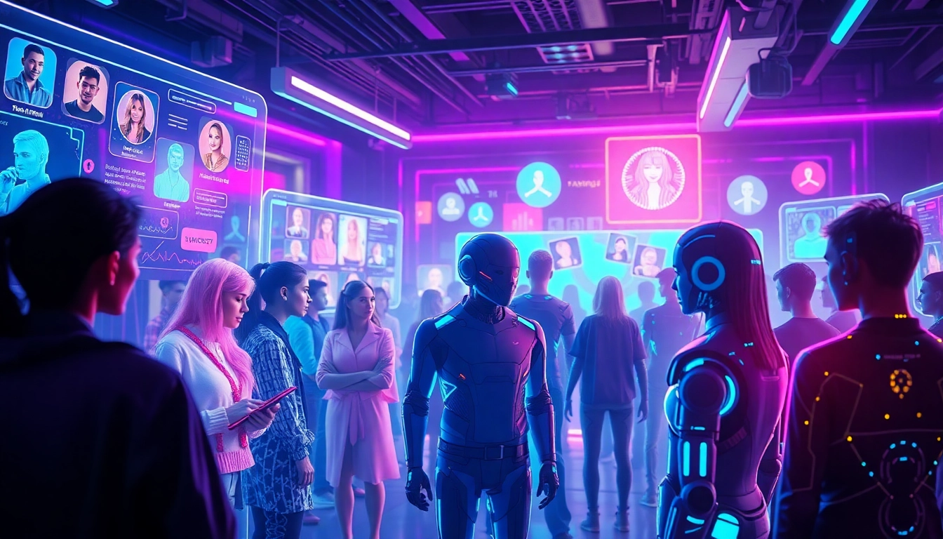 Futuristic digital scene with AI characters and holographic social media profiles in vibrant colors.