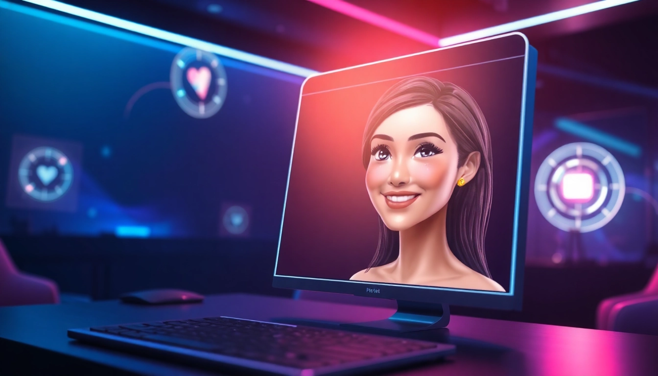 Futuristic AI chat interface with a realistic AI girlfriend avatar and holographic visuals in a dimly lit room.