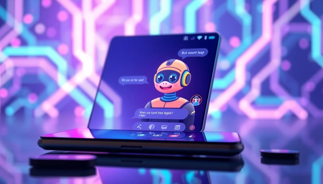 A futuristic chat interface on a sleek device screen with a colorful AI character engaging in a conversation, surrounded by neon digital patterns and interface elements.