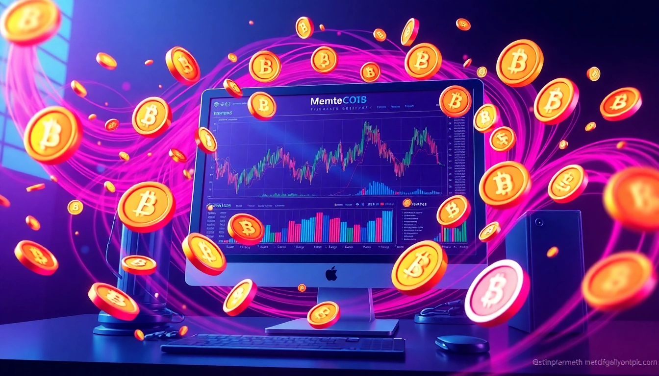 Colorful memecoin tokens animatedly circling a crypto trading screen, illustrating volatility