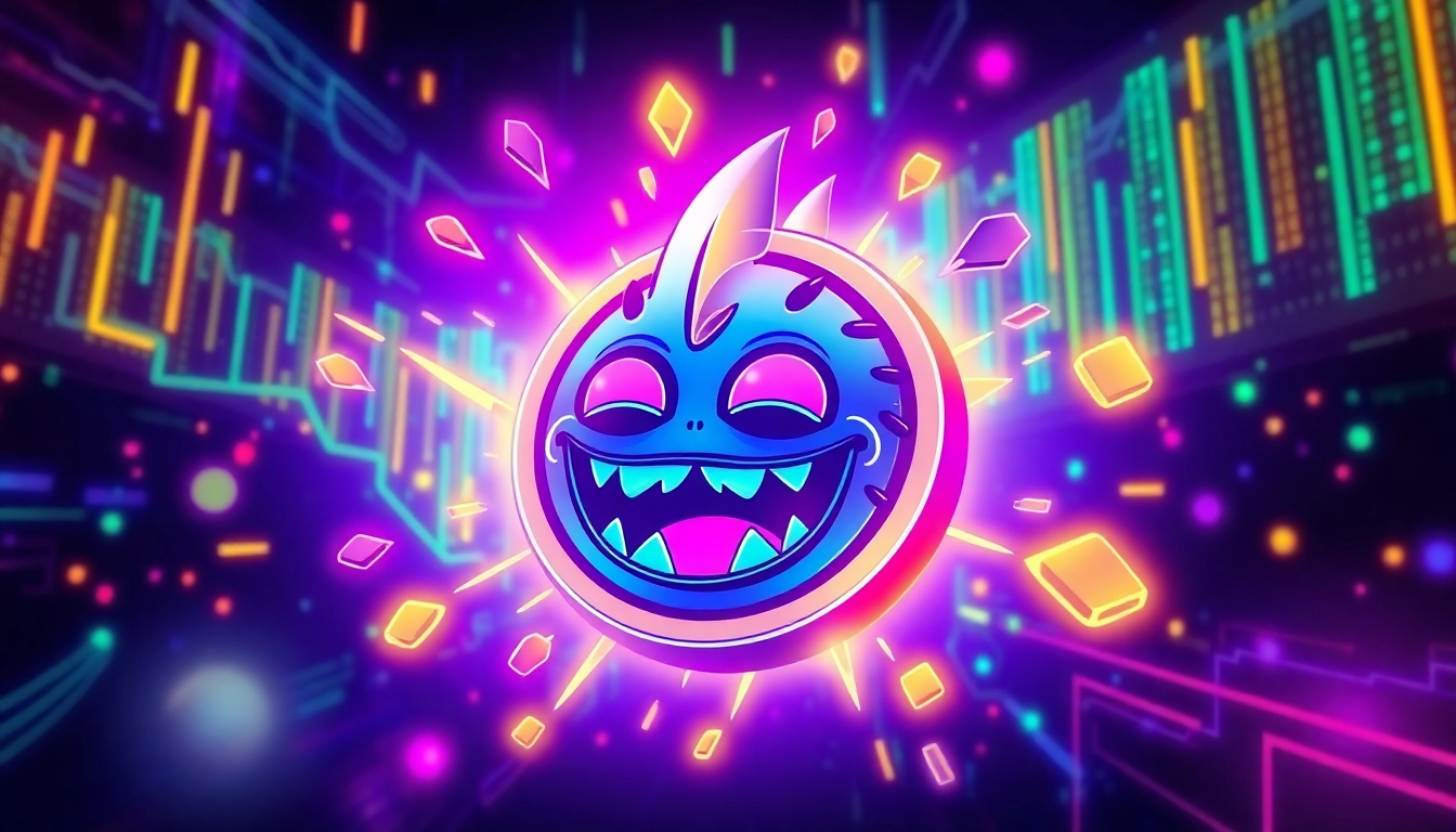 Illustration of a vibrant memecoin surrounded by meme icons and blockchain symbols for engaging