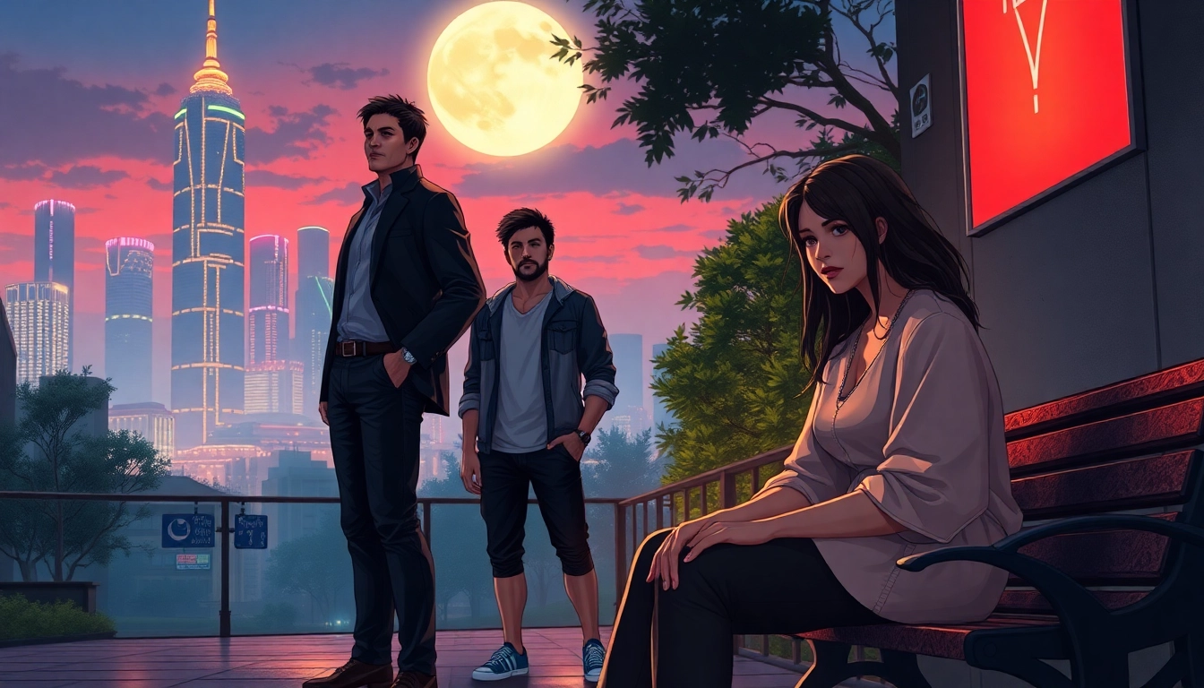 An artistic depiction of characters representing the Omegaverse hierarchy in a futuristic cityscape at twilight.