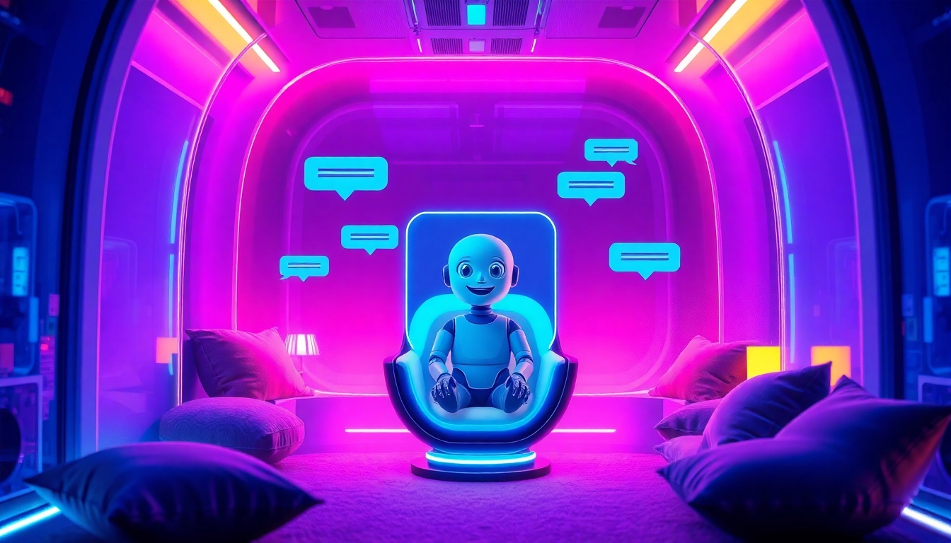 An AI character engaging in a friendly conversation in a futuristic, cozy digital chat room with neon lighting and holographic interfaces.