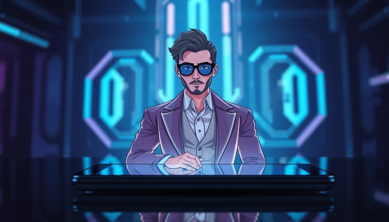 Futuristic AI chatbot interface with a dominant virtual character on a sleek device screen, in a high-tech environment.