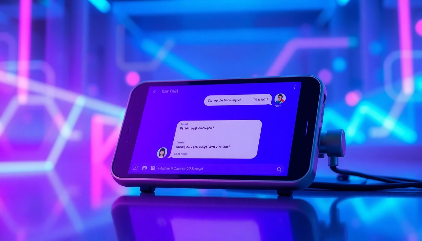 Futuristic chat interface on a sleek device with neon-lit background, representing AI chat interactions.