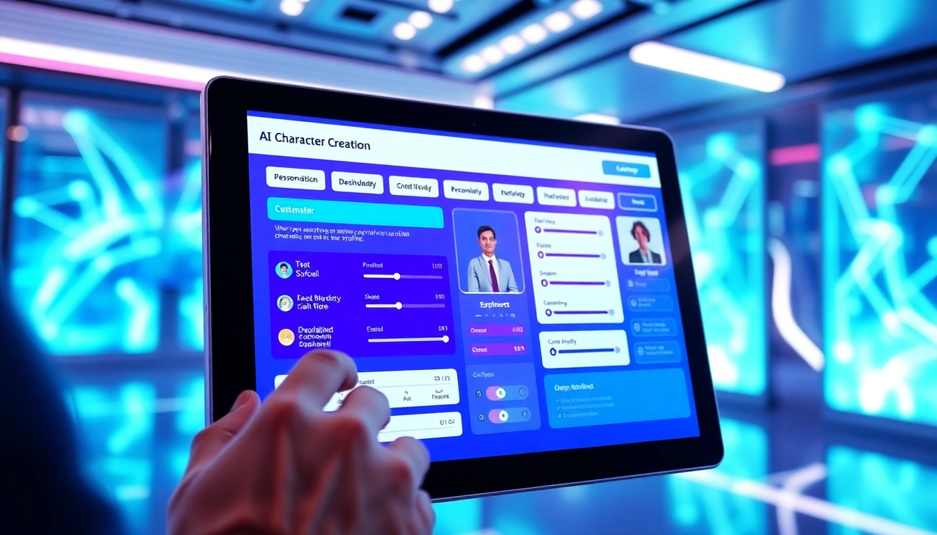 A futuristic AI character creation dashboard with vibrant neon colors and user interface elements.