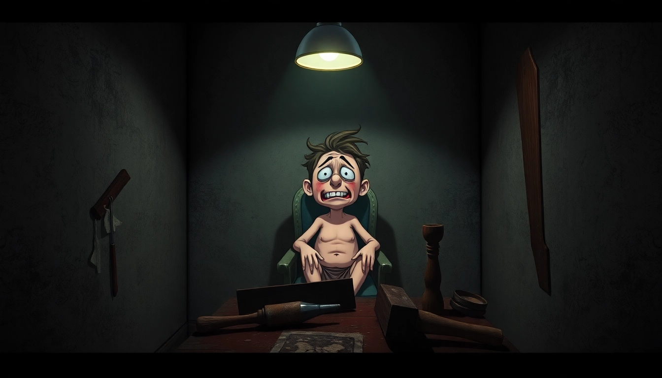 A distressed cartoon character tied to a chair, surrounded by disturbing tools in a dark, gritty room, evoking a tense and unsettling atmosphere.