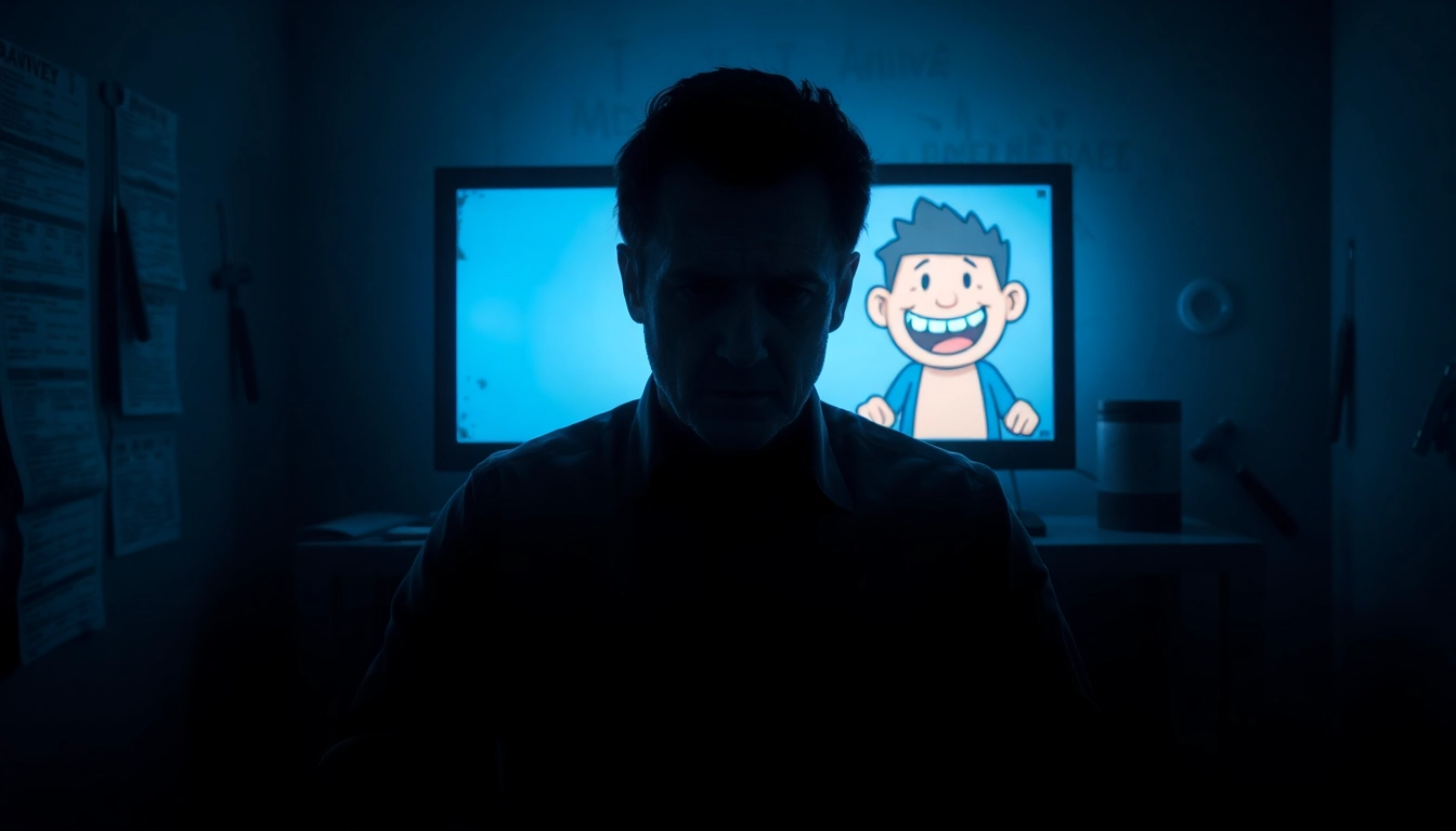 A distressed man in a dim room facing a computer screen showing Harvey, with dark, unsettling tools and medical bills around him.