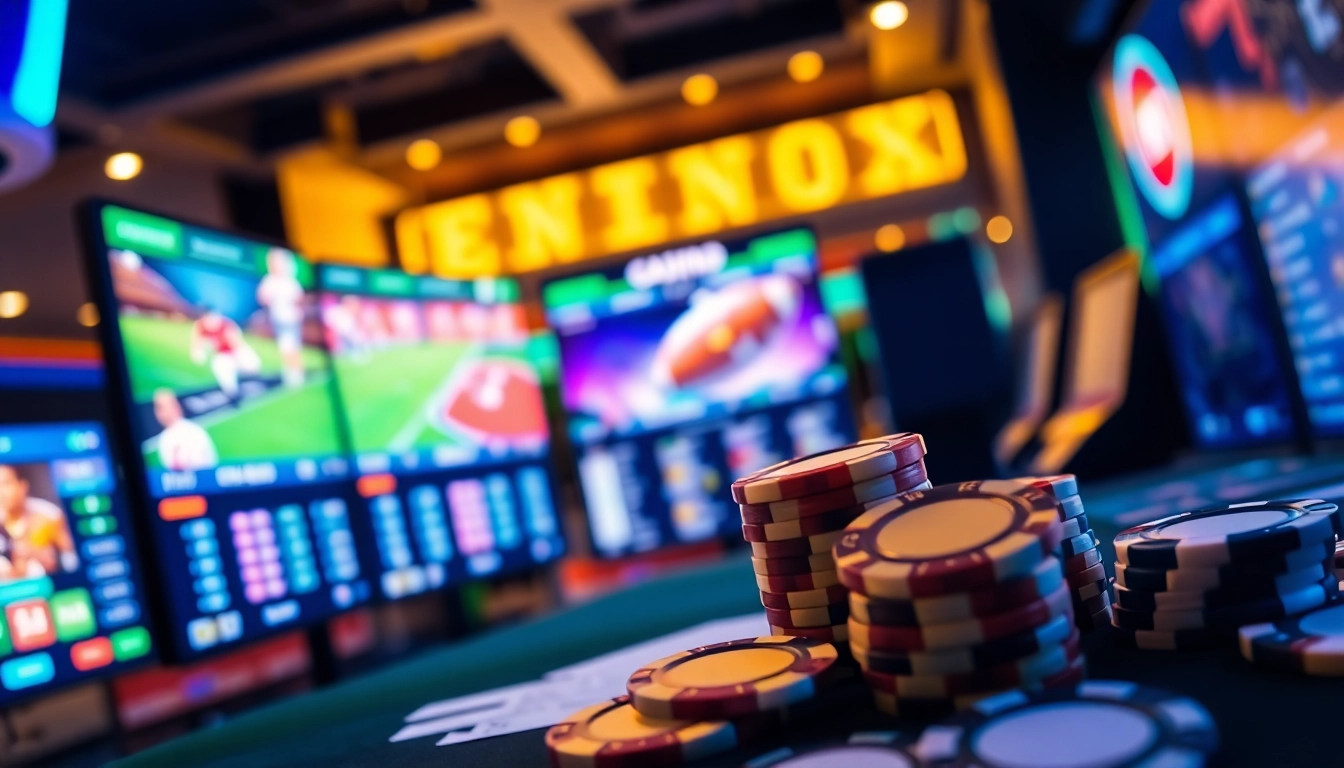 Online sportsbook and casino platform with sports graphics and betting chips in a vibrant, modern setting.