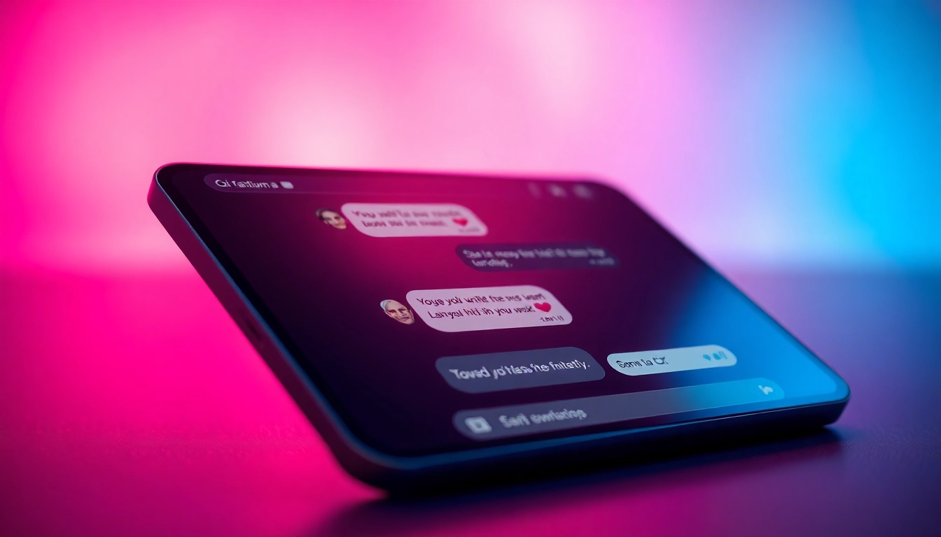 Close-up of a smartphone displaying a flirtatious AI chat conversation with alluring character avatars in a colorful, sensual setting.