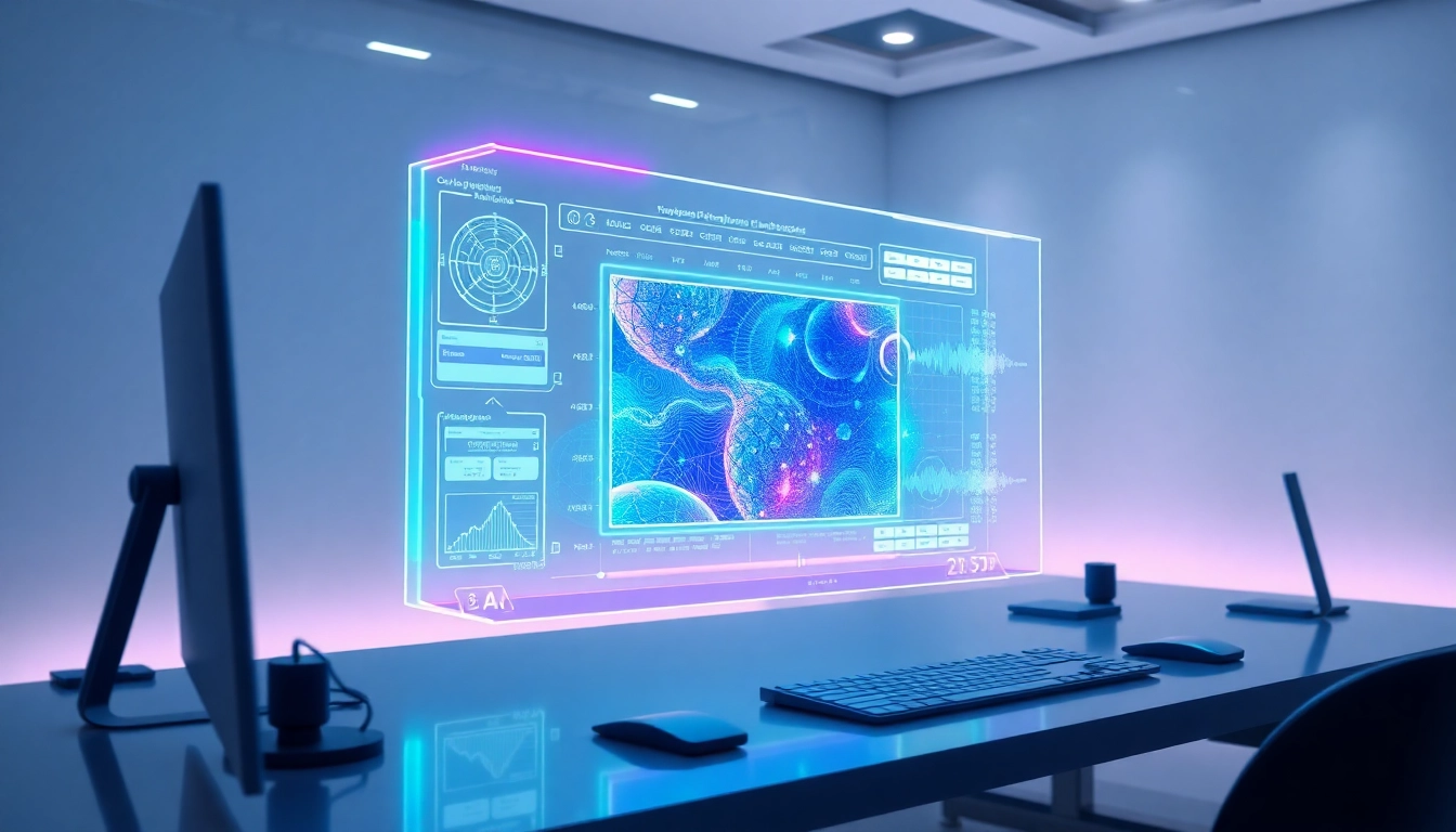 Futuristic workspace with holographic AI image editing interface featuring vibrant data visualizations and glowing accents.