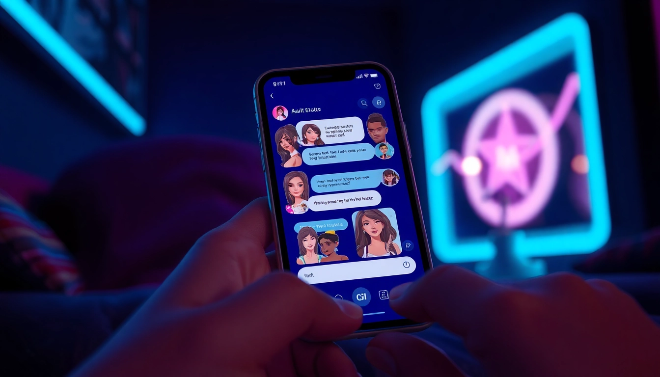 Smartphone showing an adult AI chatbot interface in a dimly lit, intimate setting.