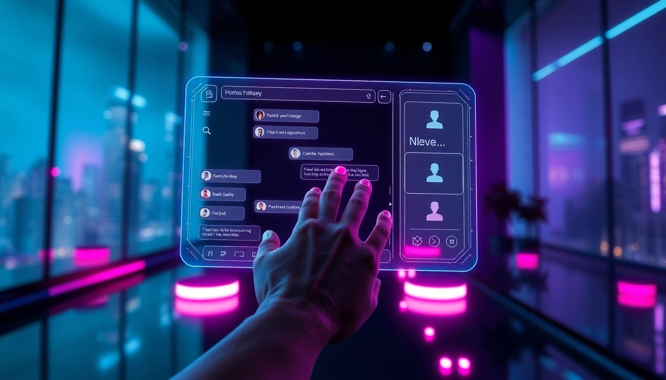 Futuristic AI interface with holographic chat bubbles and customizable characters in a high-tech environment.