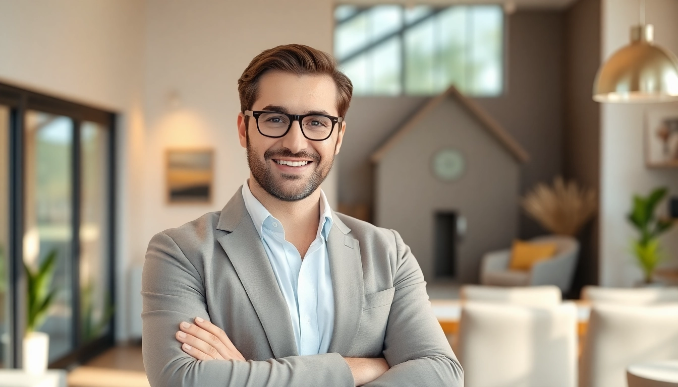 Makler Grevenbroich: Experienced agent confidently presenting a family home with greenery and modern details in the background, emphasizing trust and local expertise.