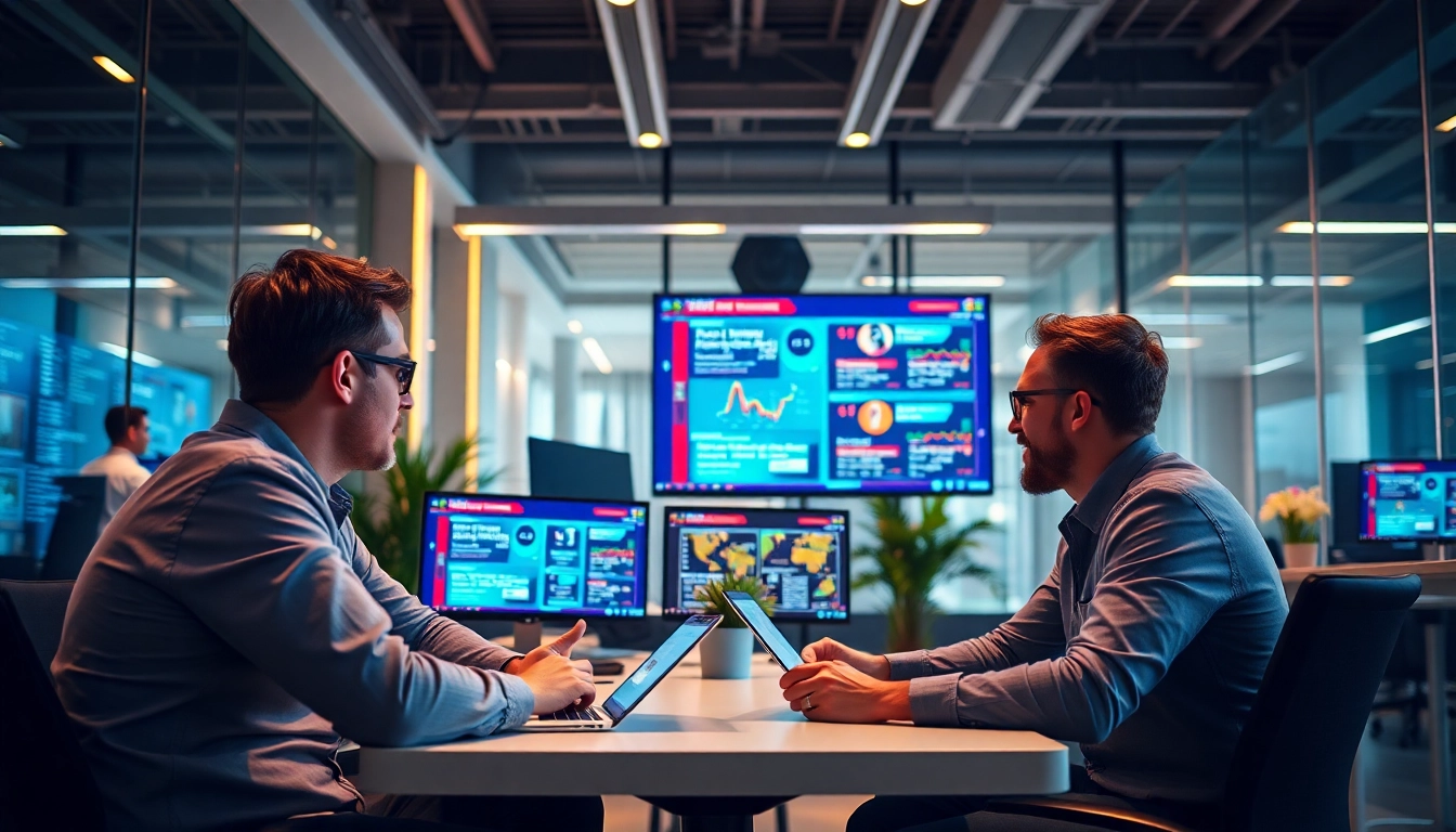 Team analyzing latest startup updates on digital screens in a modern, vibrant office setting