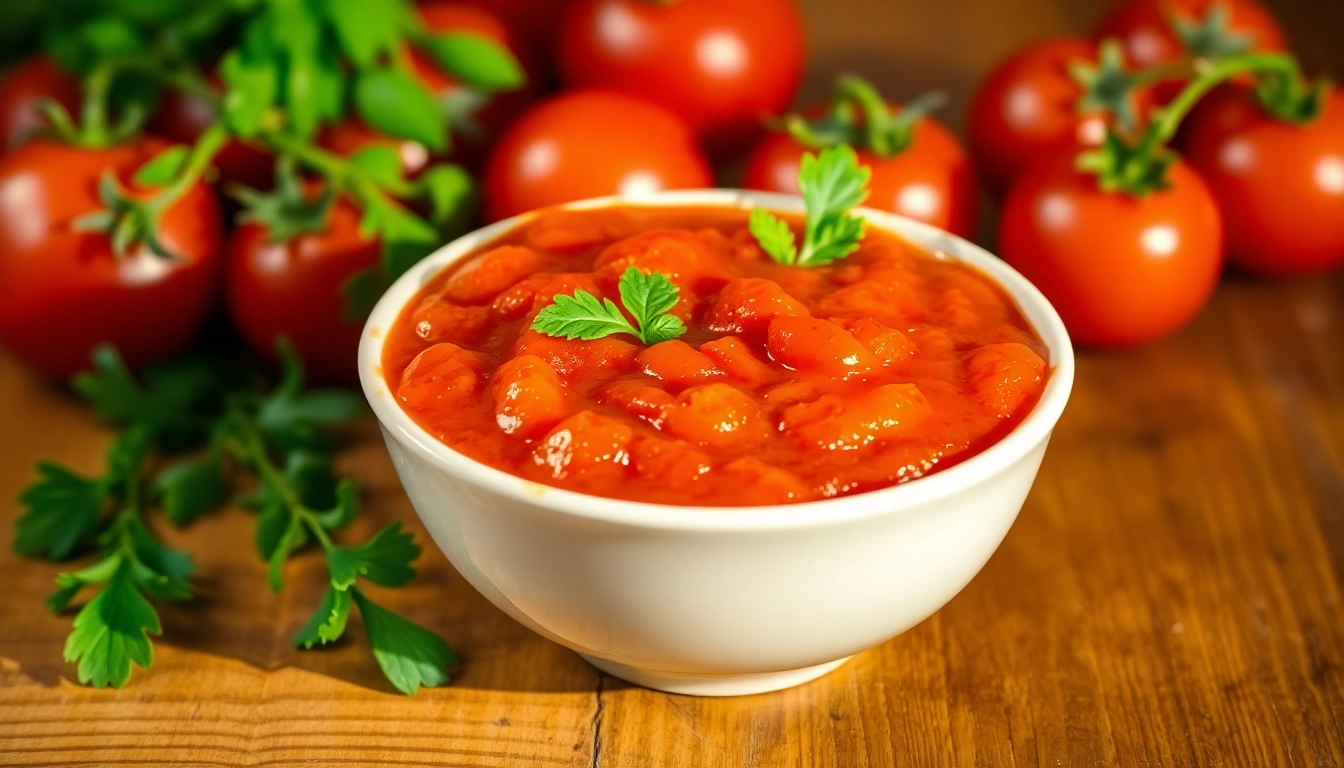 Tangy Tomato Sauce being poured over cooked pasta with fresh herbs in a rustic setting,