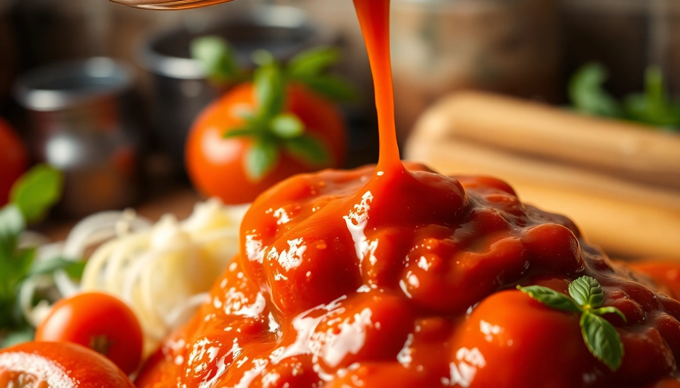 Tangy Tomato Sauce being poured over fresh vegetables in a vibrant kitchen scene for appealing